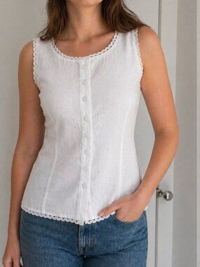 Women's White Lace-Trim Button Tank Top